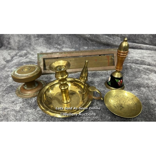 84 - Assorted mainly brass items including candle holders, letter box, bell and door knob with a metal st... 