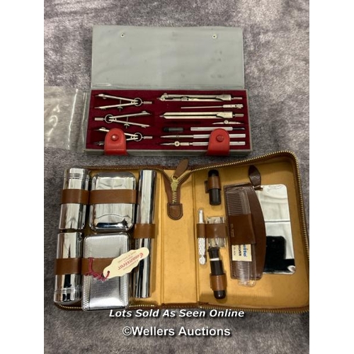 85 - An unused travelling motoring vanity grooming set by Connoisseur and cased technical drawing set / A... 