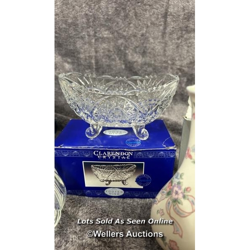 86 - Assorted items including boxed Boutique crystal dolphins, Clarendon crystal footed dish, H. Samuel r... 