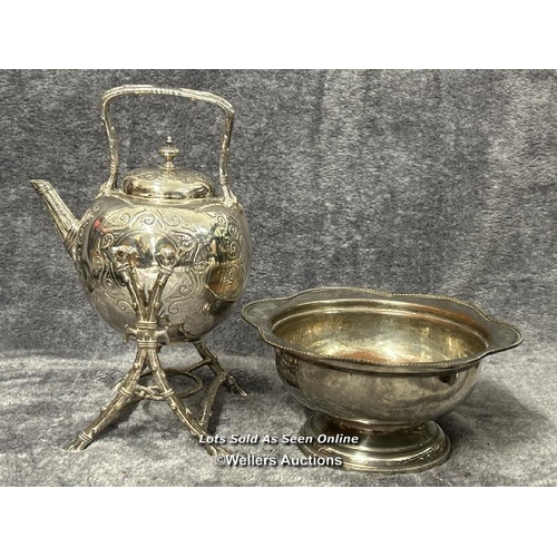 103 - Silver plate spirit kettle and Arthur Price rose bowl (without top) / AN22