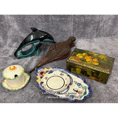 106 - Poole Dolphin, Ivory pottery pot, vintage bellows, decorative tin and Henriot Quimper plate / AN22