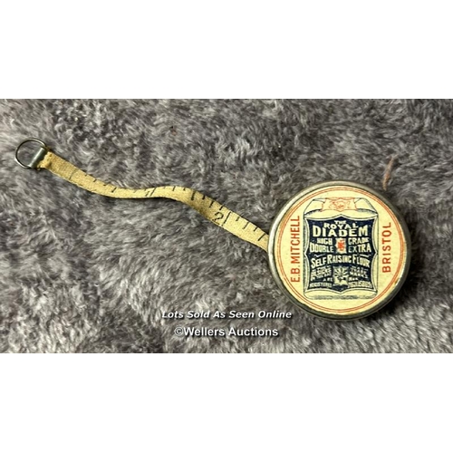 110 - Vintage brass lawn tennis measure, small E.B Mitchell 'The Royal Diadem' tape measure and two vintag... 