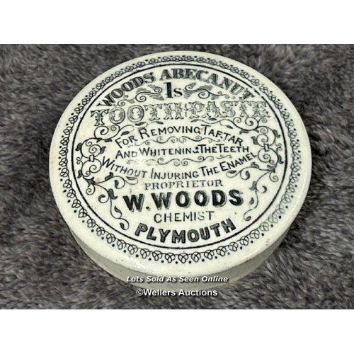 96 - Antique S.Maw, Son & Sons Cherry Toothpaste pot, Woods Toothpaste lid, two small ointment pots witho... 
