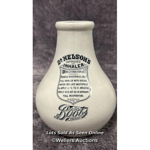 97 - Three 19th century ceramic inhalers including two Boots Dr. Nelson's, tallest 19cm high / AN20