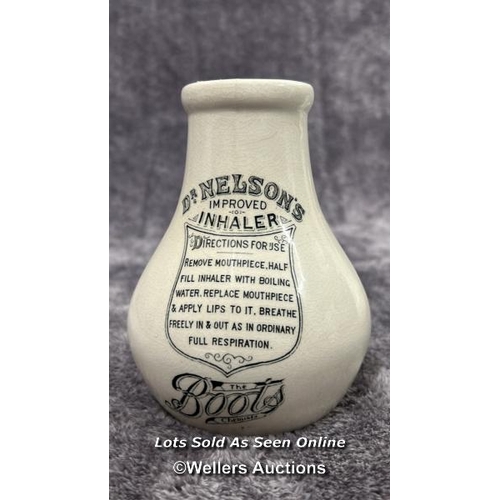 97 - Three 19th century ceramic inhalers including two Boots Dr. Nelson's, tallest 19cm high / AN20