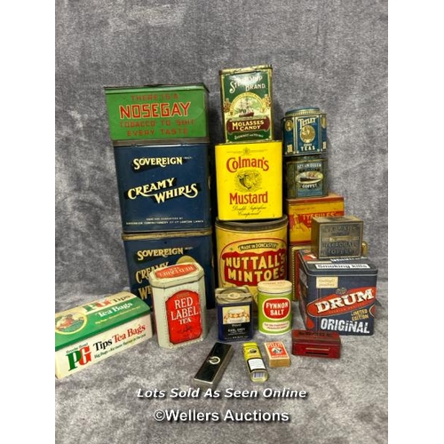 112 - Assorted vintage tins including Sovereign Creamy Whirls, Thornton's Toffee, Nosegay Tobacco and Nutt... 