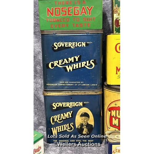 112 - Assorted vintage tins including Sovereign Creamy Whirls, Thornton's Toffee, Nosegay Tobacco and Nutt... 