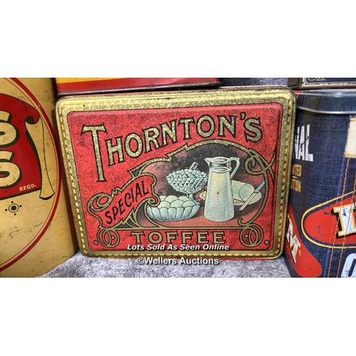 112 - Assorted vintage tins including Sovereign Creamy Whirls, Thornton's Toffee, Nosegay Tobacco and Nutt... 