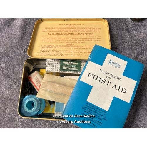 113 - Vintage Readers Digest first aid box with contents, vintage empty Boots first aid kit tin and others... 