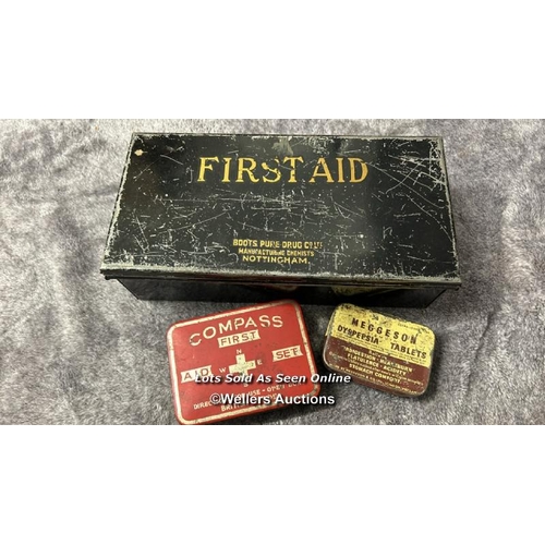 113 - Vintage Readers Digest first aid box with contents, vintage empty Boots first aid kit tin and others... 