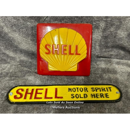 115 - Cast iron Shell sign, 29cm long with a small plastic Shell sign / AN23