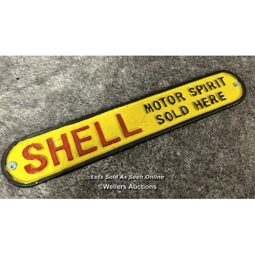 115 - Cast iron Shell sign, 29cm long with a small plastic Shell sign / AN23