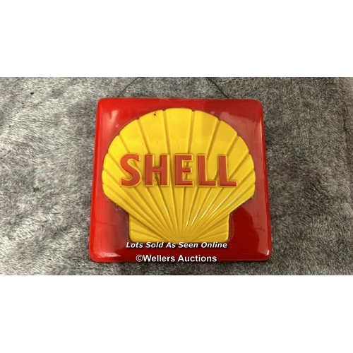 115 - Cast iron Shell sign, 29cm long with a small plastic Shell sign / AN23