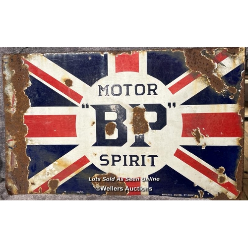 140 - Vintage B.P. Motor Spirit double sided union jack enamel sign, 66x41cm / AN25