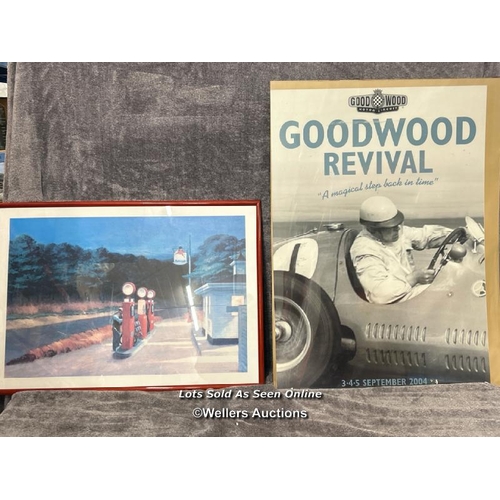 196 - Goodwood Revival 2004 poster, 55 x 68cm and framed Edward Hopper gas station print, 70 x 50cm / AN25