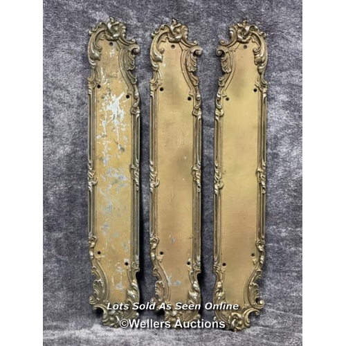 213 - Three painted metal door handle backings in art nouveau style, 52cm long x 8.5cm wide