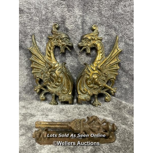 223 - A pair of brass door fixtures in form of a dragon and one other iron door knocker, dragons 20cm high... 