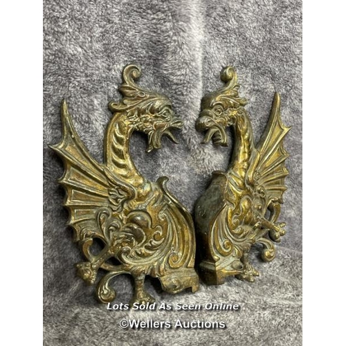 223 - A pair of brass door fixtures in form of a dragon and one other iron door knocker, dragons 20cm high... 