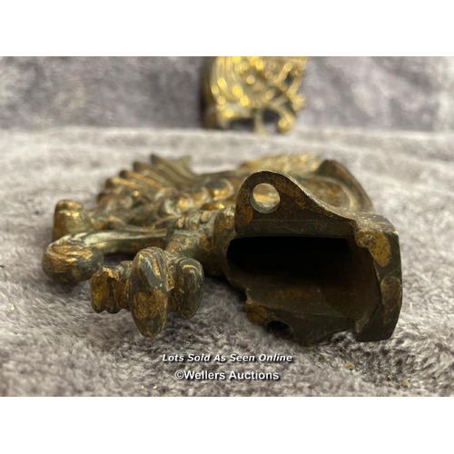 223 - A pair of brass door fixtures in form of a dragon and one other iron door knocker, dragons 20cm high... 