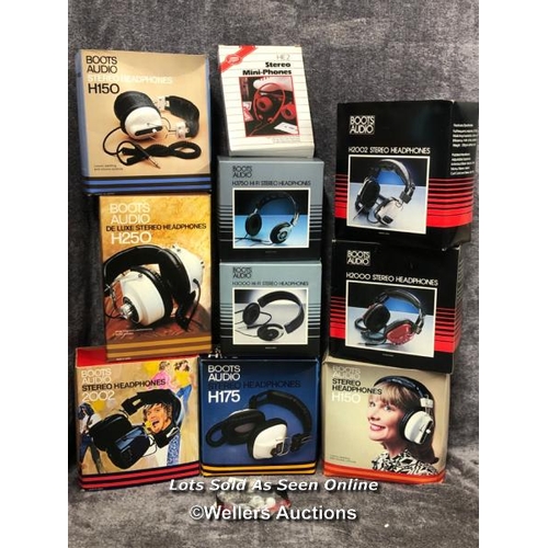 228 - A collection of ten vintage Boots Audio stereo headphones, models include H150, HE2, H2000, H2002 an... 