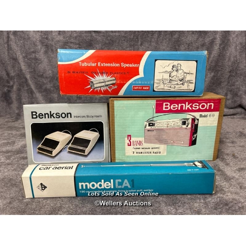 244 - Vintage Benkson electricals including transister radio model 69, intercom / baby alarm and car aeria... 