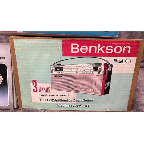 244 - Vintage Benkson electricals including transister radio model 69, intercom / baby alarm and car aeria... 