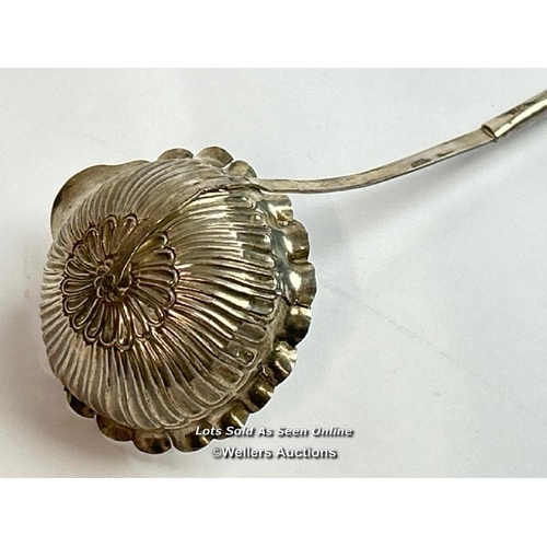 315 - White metal toddy ladle, the bowl shaped as a flower, 35cm long / T42