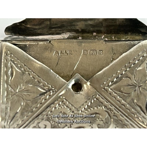 322 - Silver Edwardian stamp case of envelope form, Birmingham 1906, a silver fob, Birmingham 1901, total ... 