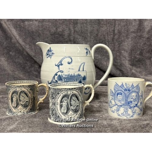 266 - Two William Whiteley Queen Victoria longest reign mugs with one Royal Doulton King Edward VII mug an... 