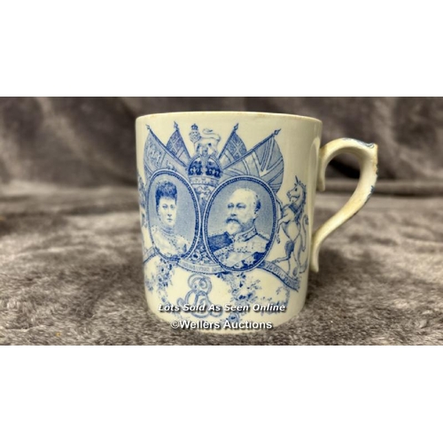 266 - Two William Whiteley Queen Victoria longest reign mugs with one Royal Doulton King Edward VII mug an... 