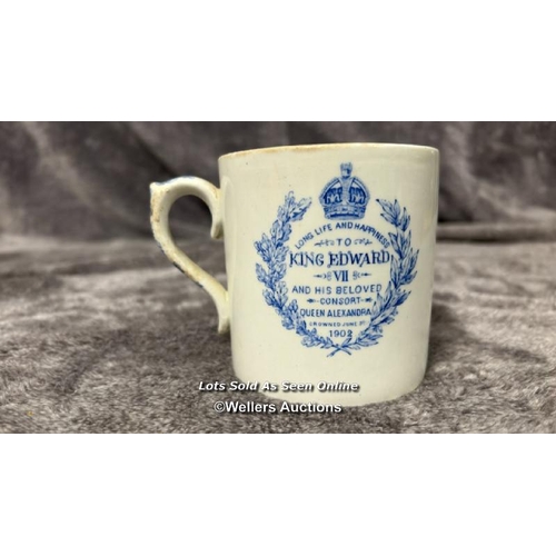 266 - Two William Whiteley Queen Victoria longest reign mugs with one Royal Doulton King Edward VII mug an... 