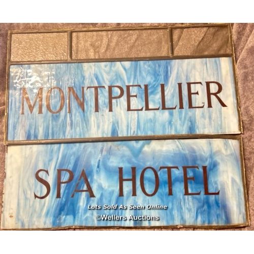 275 - Montpellier Spa Hotel blue glass and lead entrance sign, 66 x 56cm / AN35