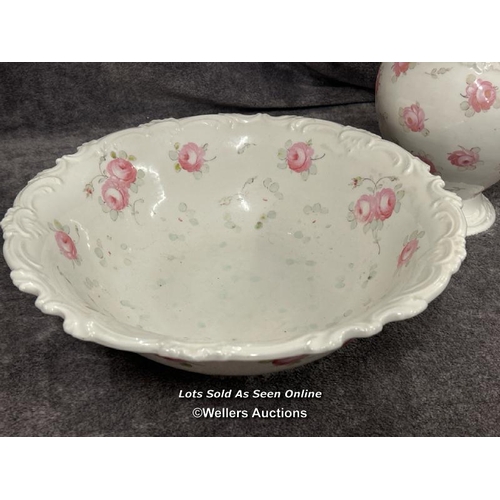 277 - Large rose pattern wash bowl with water jug and faux flowers / AN43