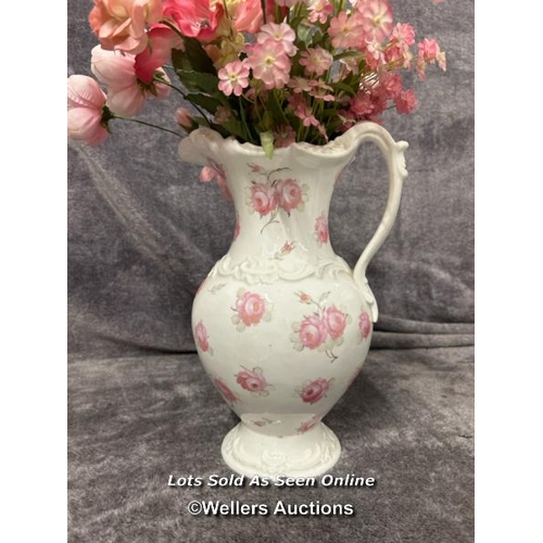 277 - Large rose pattern wash bowl with water jug and faux flowers / AN43