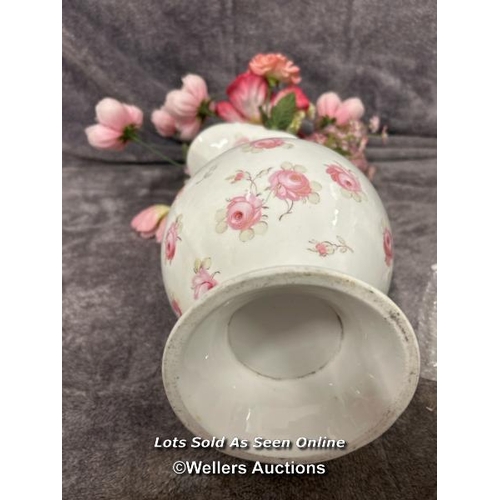 277 - Large rose pattern wash bowl with water jug and faux flowers / AN43