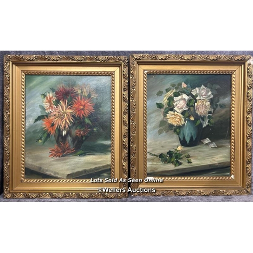 284 - Two still life oil on canvas floral paintings signed M. Mounier Thouret, 36 x 44cm