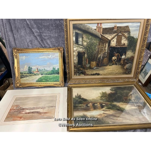 285 - Four original paintings including A.M. Allen farm scene oil on canvas, 59 x 49cm