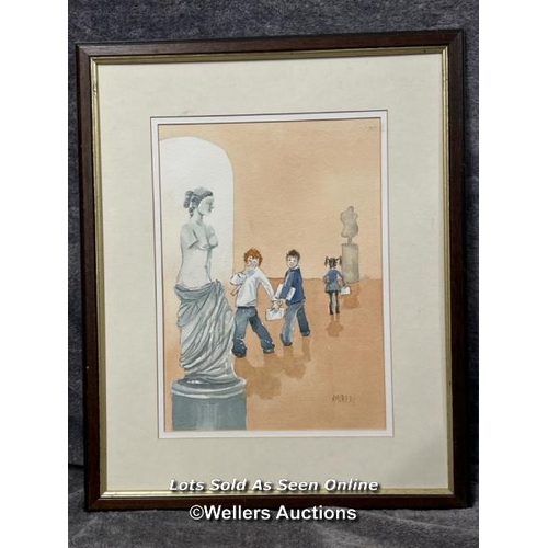 287 - Framed watercolour of school children looking at Venus de Milo, signed A.Murray, 25.5 x 36cm