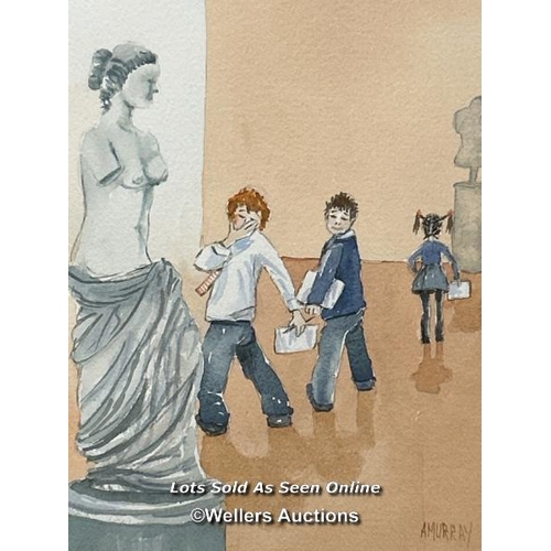 287 - Framed watercolour of school children looking at Venus de Milo, signed A.Murray, 25.5 x 36cm