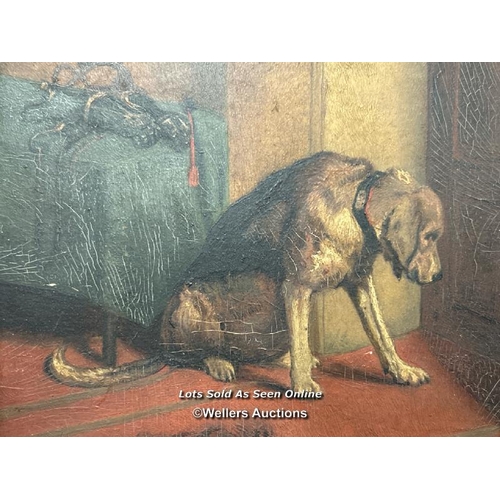 291 - Small old oil on board painting of a Dog head bowed, with what could be armour gauntlets on the tabl... 