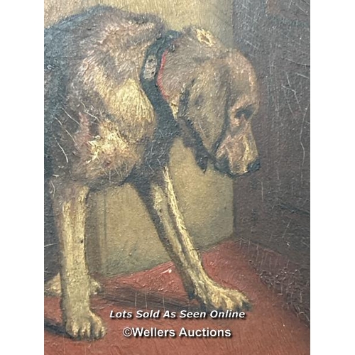 291 - Small old oil on board painting of a Dog head bowed, with what could be armour gauntlets on the tabl... 