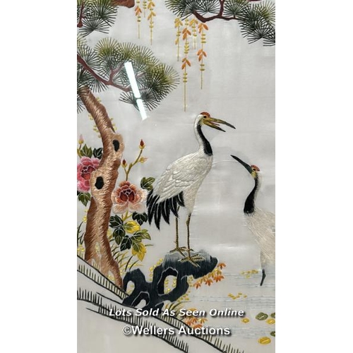 292 - Five Chinese silk embroidered pictures depicting birds and scenery, two unframed, largest 42 x 68cm ... 