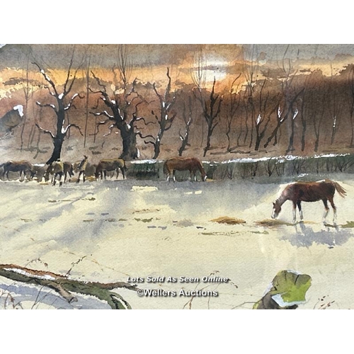 295 - Bernard Bays (1910 - 1994) watercolour depicting Horses at sunrise, unsigned, 35x26cm