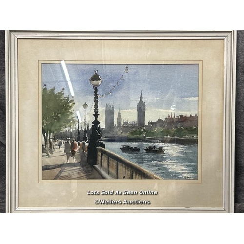 296 - Bernard Bays (1910-1994) watercolour of London over looking the Thames, signed, 42x31cm