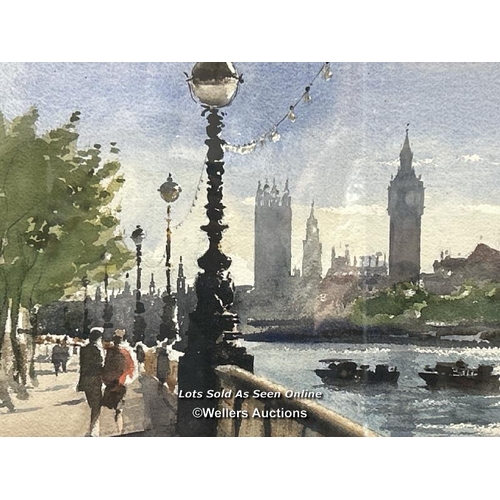 296 - Bernard Bays (1910-1994) watercolour of London over looking the Thames, signed, 42x31cm