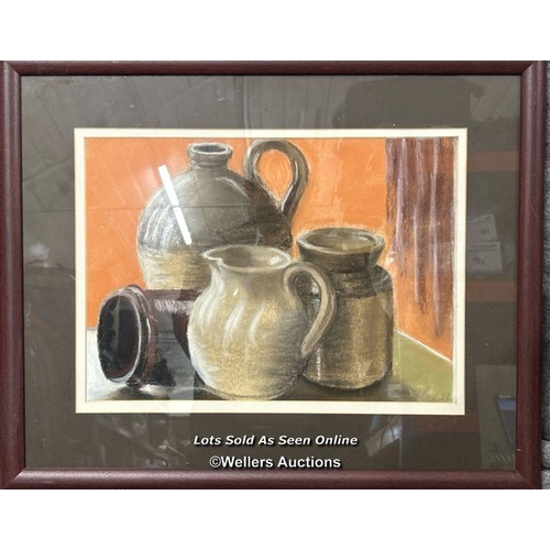 300 - Still life pastel drawing of earthware, signed indistinctly, 37x26.5cm