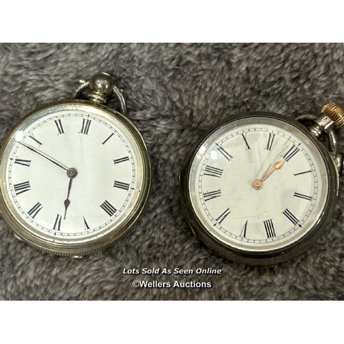 311 - Three open face pocket watches, two with watch chains, a pendant watch on chain, a silver napkin rin... 