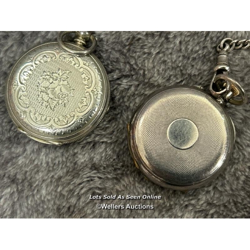 311 - Three open face pocket watches, two with watch chains, a pendant watch on chain, a silver napkin rin... 