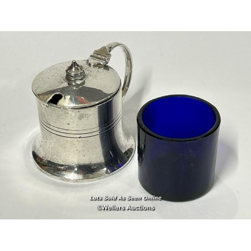 326 - Silver mustard pot with blue glass liner, hallmarked Sheffield 1940, silver weight 202.5g / SF