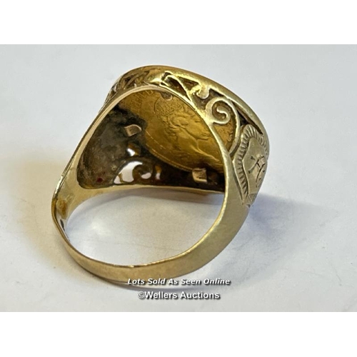 336 - Gold sovereign ring. 1982 sovereign in hallmarked 9ct gold ring, size Y. Gross weight 9.53g / SF